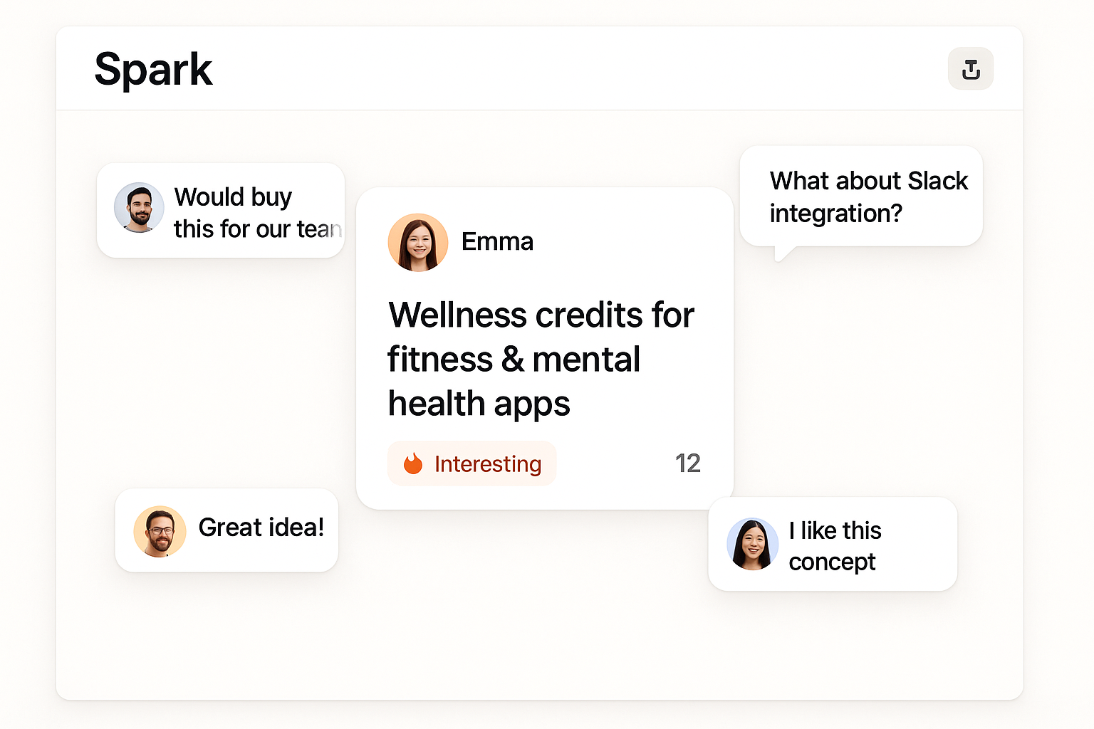 The Spark canvas with multiple comment threads and reaction badges around an idea card.